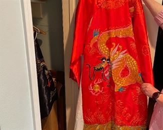 Vintage Japanese kimono robe with gold threads and dragon on red silk