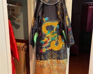 Vintage Japanese kimono robe with gold threads and dragon on black silk