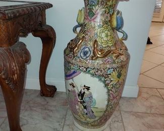 Chinese Famille Rose Gilded Floor Vase with Figural Handles and adornments