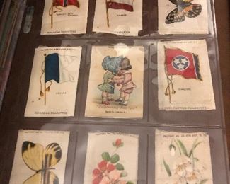 Tobacco silks circa 1920 from Ziha Cigarettes featuring a gypsy, butterflies, flowers, flags. Will be offered auction style at the live stream sale. 