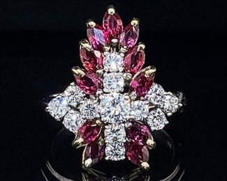 Custom Made Cross 1.50 Carat Natural Ruby & Diamond Cluster Evening Estate Ring in 18k Two-Tone Gold