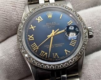 Rolex Date 34mm Model 1505 Timepiece with 1.32 Carat Natural Diamond Bezel, James Cameron Style Blue Dial, Stainless Steel with Box
