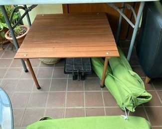3 teak folding tables with totes