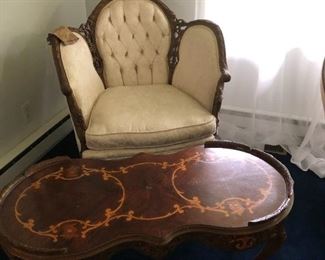 Victorian chair with carved wood & inlaid and hand painted table