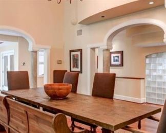 Large dining table and seating, Kensington table and bench by Arhaus Furniture. Chairs are Restoration Hardware. Table is 118" x 39"