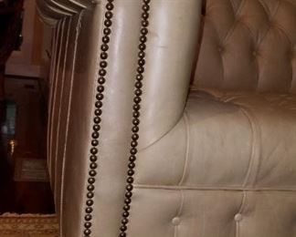 off-white, leather, tufted & studded Charleston sofa, 84"