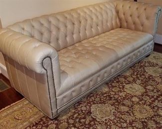 off-white, leather, tufted & studded Charleston sofa, 84"