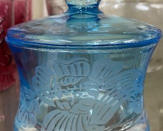 Etched Blue Glass Covered Dish