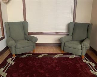 Pair of Matte Green Town & Country Upholstery Wing Back Chairs