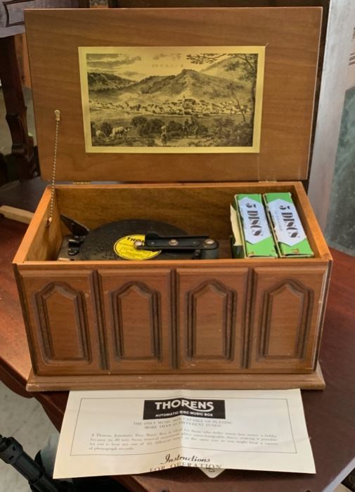 RARE!  Working, beautiful Thorens music box with ten discs each plays different tunes.  
