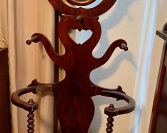 Tall hall tree and umbrella stand with brass shell bowl at base.  Unique!