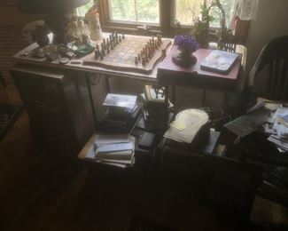 wooden chess set, file cabinet