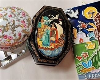 Limoge trinket dish, hand-painted lacquer box 