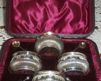 Antique 1860s Silver Salts Set in Leather Box