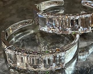 Huge pair of sterling kickstand cuffs with amazing natural cut quartz and natural gemstones 