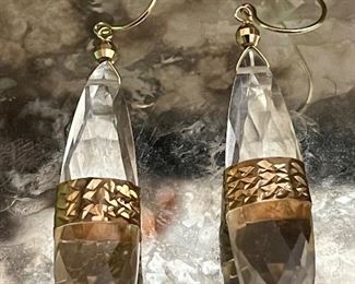 Large 14KT gold natural carved quartz dangle earrings