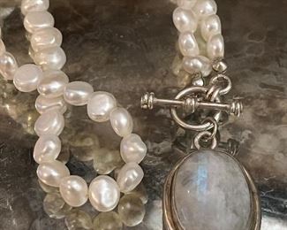 Large natural baroque pearls with moonstone pendant in sterling