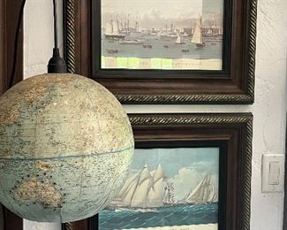 Antique America hand tinted engravings and hanging globe lantern 