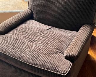 Down filled pair of cut velvet custom Corzine club chairs with ottoman in mint condition.  Retail was over $4000