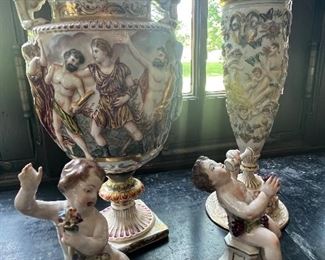 Rare mint condition Capodimonte Ceramic Vase, tall Capodimonte Royal crown urn and antique Bacchus figurines 
