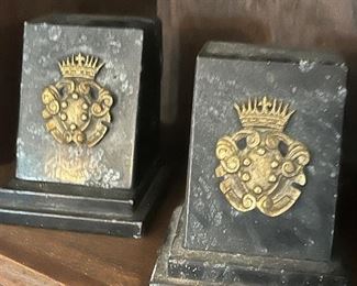 Pair of English marble Armorial bookends circa 1870