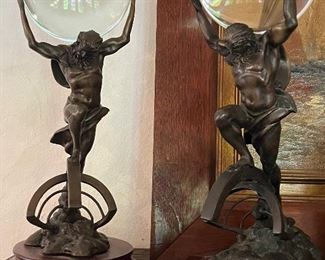 Stunning pair Atlas By Stuart Mark Feldman Bronze and rock crystal statues 