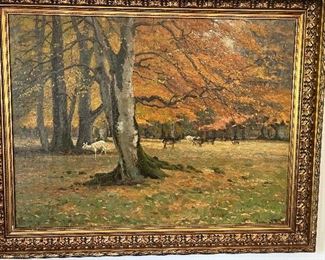 Large stunning mid 20th C oil on canvas by Reinholdt Nielson.  Scene is near his home in a deer park in Copenhagen, Denmark 