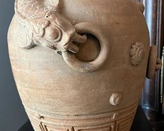 OLD ANTIQUE CHINESE GREEK KEY & KOI TERRACOTTA JUG