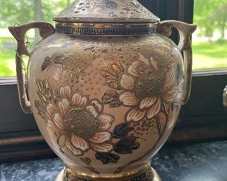 Exquisite amber floral Satsuma urn in mint condition circa 1840s