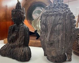 Very fine antique carved wood Buddha head and  seated Sukati