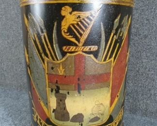 Several ANTIQUE 1940s TIN TEA CANNISTER, HAND PAINTED COAT OF ARMS TOLEWARE LAMP