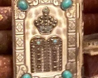 Antique Hebrew JEWISH PRAYER BOOK Torah Judaica Silvertone w/Turquoise