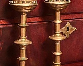 Pair of antique brass Neo Gothic pen candlesticks 19th century.