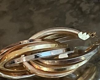 Very large 14KT gold tri-color elongated hoop earrings