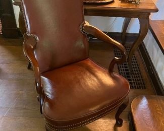 Antique cognac leather Queen Anne chair with nailhead trim circa 1890