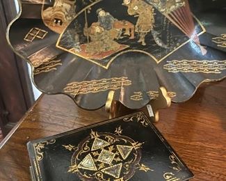 1920’s English Papier-Mâché Chinoiserie Bowl and box with Pearl inlay