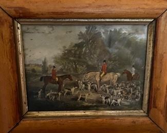 Stunning Eglomise English hunt scenes in the orginal walnut frames circa 1800