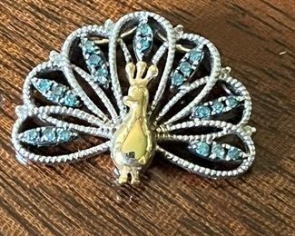 Lovely 14KT gold peacock diamond and aquamarine slide