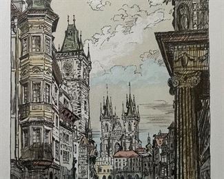 Vintage “Old Prague Square” signed hand tinted engraving