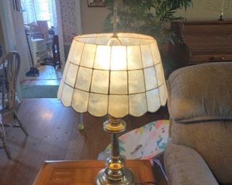 Brass lamp w/oyster shell lamp shade 