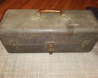 Vintage Metal Tackle Box with Leather Handle 19"W x 7" x 7.5" H