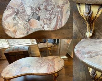 Vintage French Provincial Pink Marble Peanut Shaped Coffee Table-Approximately 53” x 27” x 15-1/4” T