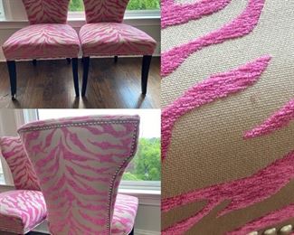 Pair Accent Chairs Pink Zebra Upholstery with Furniture Nailing 22”W x 23D x 36”T back