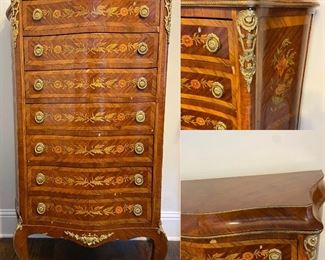 Marquetry Inlaid Wood with ornamental bronze Louis XV Style High Boy-Approximately 36” at Widest x 56-1/2” T x 16” Deep