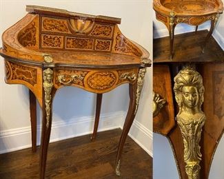 Marquetry Inlaid Wood with ornamental Bronze Napoleon III Style Desk-Approximately 36” W x 34” D x 40-1/2” T