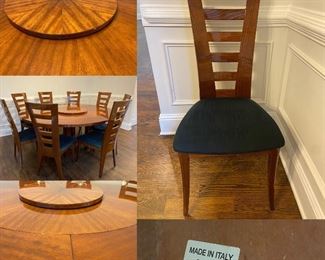 Purchased from Cantoni Exclusive Contemporary Store Downtown 
Lacquer Lg Round Flip Flap Expanding 72”Dining Table converts to small round table made in Italy for Excelsior 
Built in Lazy Susan -  with 8 High 42” Back Chairs 19”x18” seat