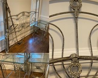 Painted Iron King size Canopy Bed with matching Pair Accent Tables with glass