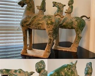 Pair Large Green Terracotta Horse & Rider Statues 