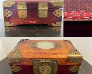 Shanghai China Wooden Jewelry Box Carved Jade Medallion & Etched Brass Accents