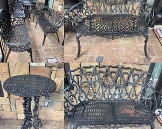 6 Painted Aluminum Benches, 5 Painted Iron Side Table, Patio Table & Set of 4 Painted Aluminum Chairs